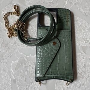 Green Croc-Embossed iPhone 15 Pro Max Case with Matching Chain